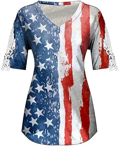 Дамски Тениски с V-образно деколте в Деня на Независимостта, Разпечатки на Американското, Къс Ръкав, Ежедневни Летни Дантелени Ризи, Блузи