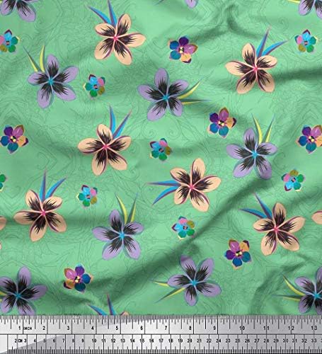 Тъкани от памук джърси Soimoi зелен цвят, плат с флорални принтом листа и плюмерии, ширина 58 см