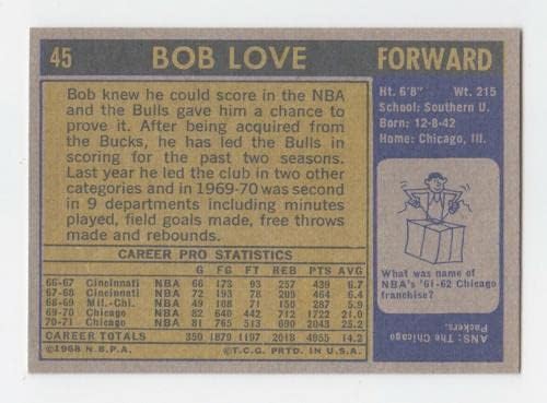 1971-72 Баскетболно карта Topps #45 Bob Love Chicago Bulls NM - Баскетболни карта, без подпис