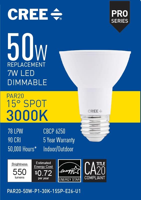 Led крушка Cree Lighting PAR20-50W-P1-30K-15SP-E26-U1 E26-U1 Pro серия PAR20 за вътрешно осветление с Мощност 50 W, еквивалентна led крушка (с регулируема яркост) 530 лумена, ярко бяла 3000 До 1 опаковк