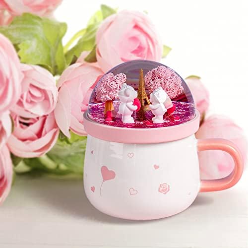 DANVON Розови Сладки Керамични Чаши за Кафе, Творчески Чаши за чай и Мляко с капак под формата на Снежната Топка с Сладък