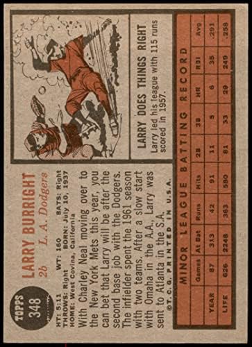 1962 Topps 348 Лари Беррайт Лос Анджелис Доджърс (Бейзбол карта) ЧЕСТНО Доджърс