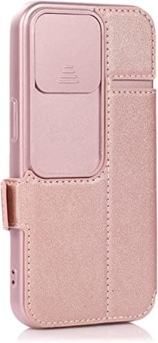 Калъф DAIKMZ за iPhone 14/14 Plus/14 Pro/14 Pro Max, Мултифункционален калъф-портфейл от изкуствена кожа с панти капак, дизайн на камера-слайдер, с отделения за карти (розов цвят, разм?