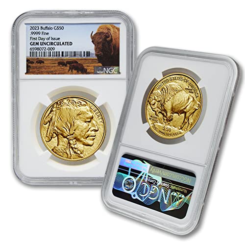 2023 Златни монети, в кюлчета Бъфало с тегло 1 унция, Скъпоценен камък, без лечение (Първия ден на издаване - Bison Label) 24 хиляди $ 50 GEMUNC NGC