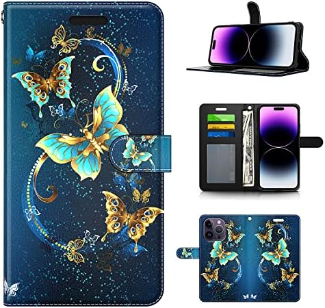 Калъф KACHEN за iPhone 14 Pro Max 6,7 Носене в чантата си Магията на Пеперуда, флип-надолу капачка от Изкуствена кожа с каишка за ръка, Отделения за кредитни карти, Хибриден Калъ