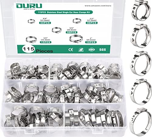 OURU 115 бр. Pex скоби обжимные пръстени в асортимент, 304 скобата за маркуч с едно ухо от неръждаема стомана размери