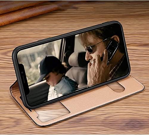 Калъф DJDLFA за iPhone 13 Pro с прозрачен обзорным прозореца, Флип калъф от естествена Кожа с поставка, Магнитна закопчалка,