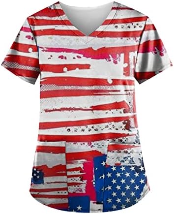 4 Юли, Потници за жени, Флаг на САЩ, Лятна Тениска с Къс Ръкав и V-образно деколте, 2 Джоба, Блузи, Празнична Ежедневни