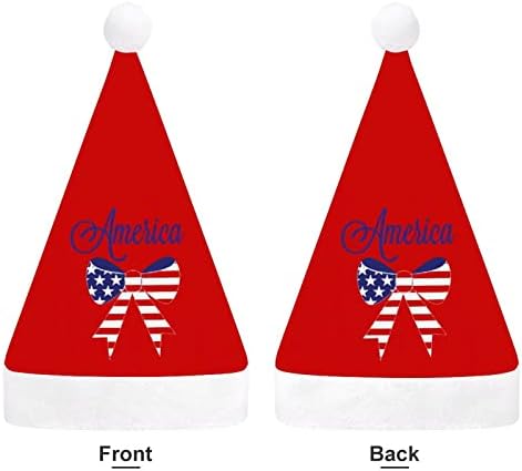 Коледна шапка с лък на американското знаме, с шапки на Дядо Коледа, къси плюшени шапки с бели ръкавели за мъже и жени,