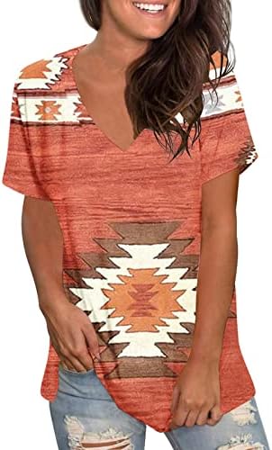 Дамски Летни Потници в Ацтекском Западния Етнически Стил, Тениски С Геометричен Принтом, Тениски с V-образно деколте