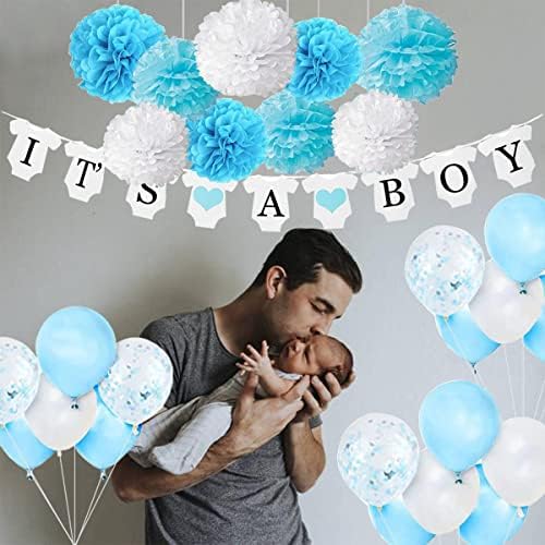 Декорации за детската душа, за едно момче, Сини и бели, с Банер It ' s a Boy, Латексными топки конфети и pom-помераните