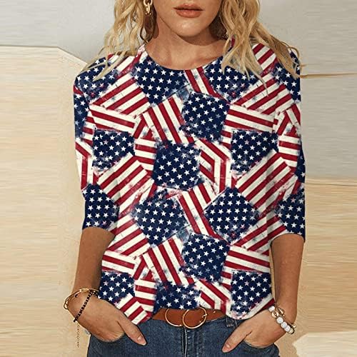На 4 юли, Ризи за Жени с Флага на САЩ, Лятна Тениска с кръгло деколте и 3/4 ръкав, Ръкав Три Четвърти, Дишаща Удобна