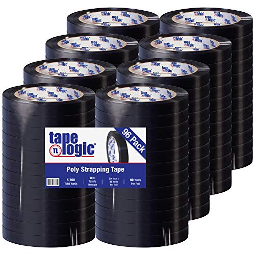 Tape Logic 3/4 Инча x 60 Ярда, Черно Полиетиленово Обвязочная лента, Якост на опън 90 килограма, за връзване, палетизиране и опаковане в торбички, 96 Роли, Доставка по избор