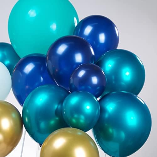 Хромирани Тюркоазено, тъмно сини и Златни балони, венец, арка, комплект 153 бр., балони с двойна плънка, метални тюркоазени